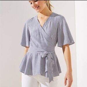 Striped Blue & White Tie Wrap Flutter Short Sleeve Top